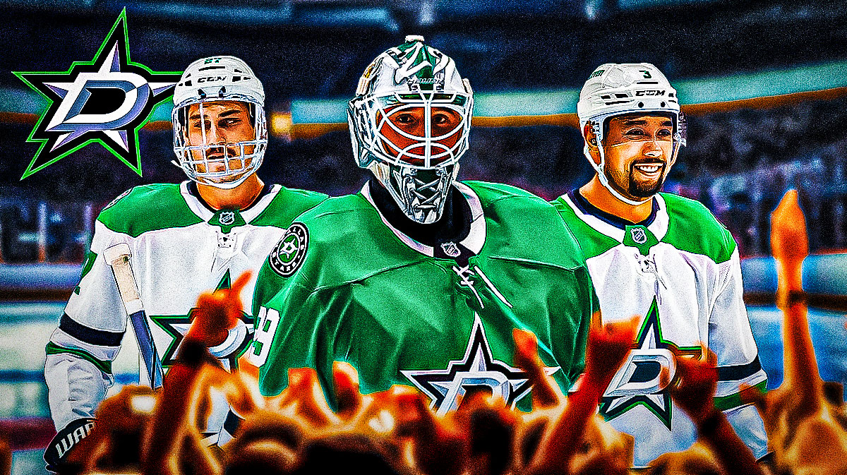 Can i get Jake Oettinger in the center, with Matt Dumba and Mason Marchment on the sides. Stars logo predominetly displayed , Stars, Oettinger, Marchment, Dumba