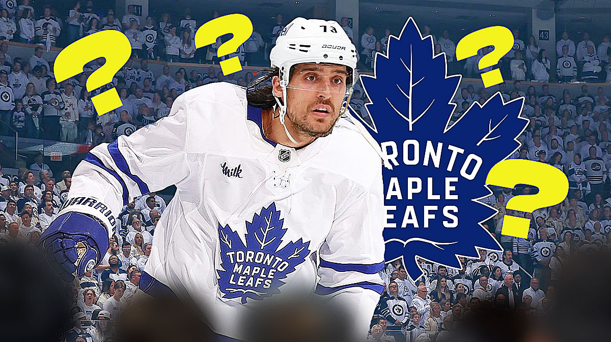 Brandon Tanev in a Maple Leafs Jersey. Maple Leafs logo, questions marks around him, Jets, Brandon Tanev, Free Agent, NHL Free Agency