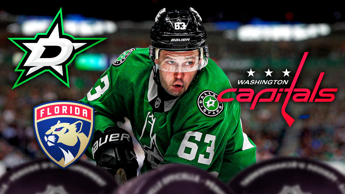 Evgenii Dadonov in the center, dallas Stars, Florida Panthers, and washington Capitals logos around him. NHL free agenecy, free agent, Dallas Stars, Dadonov