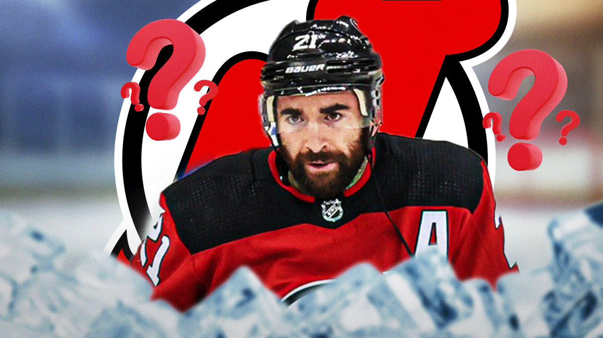 Kyle Palmieri in a New Jersey Devils jersey and devils logo with question marks around him, islanders, kyle Palmieri, nhl free agency, free agent