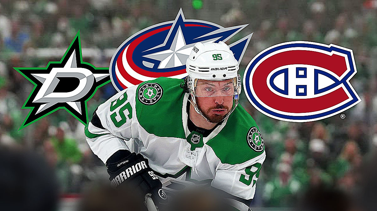 Matt Duchene in center with Dallas Stars, Columbus Blue Jackets, and Montreal Canadiens Logos around him. Matt Duchene, Dallas Stars, NHL free agenecy, free agent