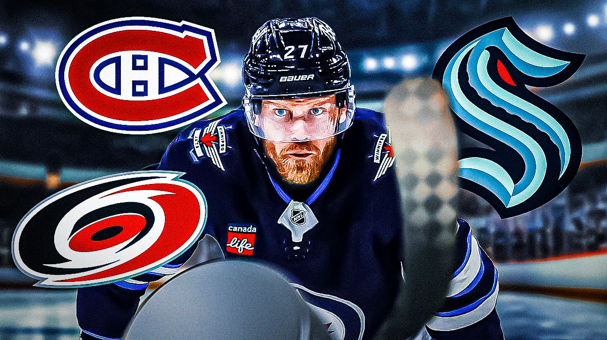 Nikolaj Ehlers in the center with logos for the Canadiens, Hurricanes and Kraken around him, Free Agents, NHL Free agenecy, Jets