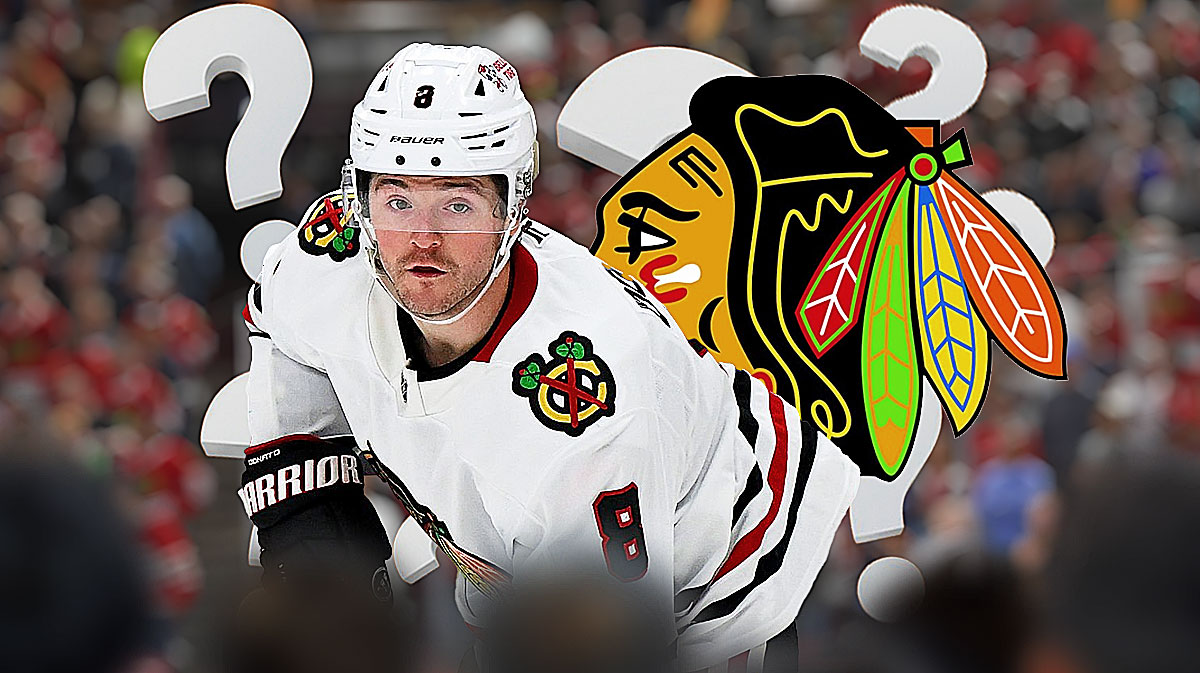 Ryan Donato, Blackhawks image in the background, question marks around him, ryan Donato, blackhawks, nhl free agency, free agent
