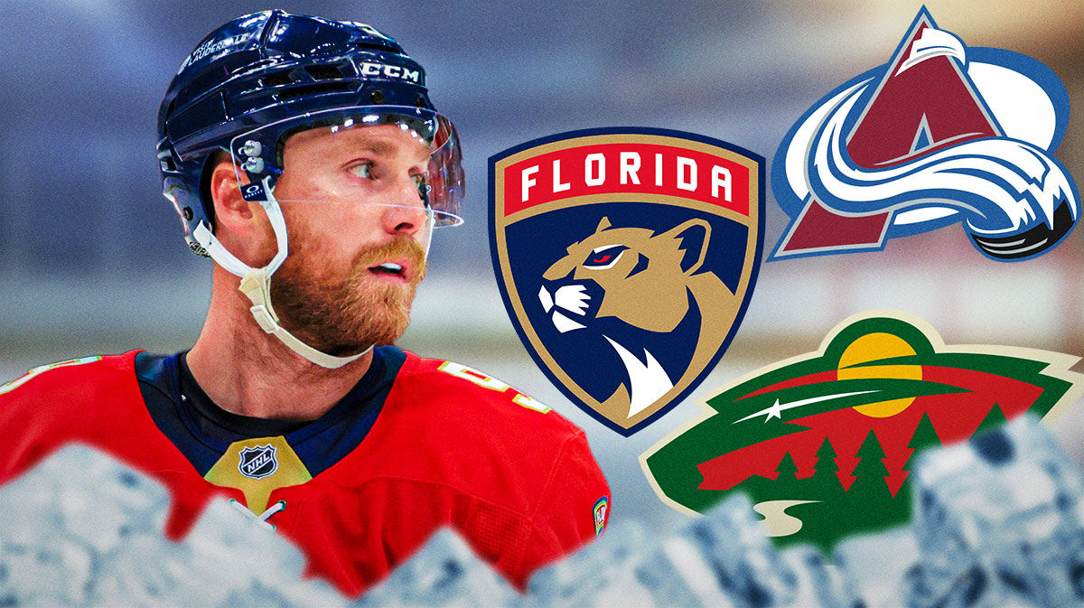 Sam Bennett in the center with logos for the Panthers, Avalanahce and Wild around him, Panthers, sam Bennett, free agent, nhl free agency