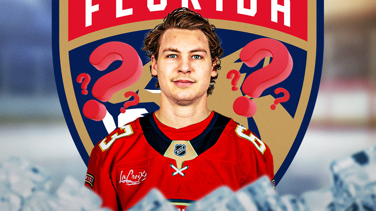 Yanni Gourde in a florida panthers jersey with the florida panthers logo. Question marks around him. NHL Free Agency, Lightning, Free Agent, Yanni Gourde