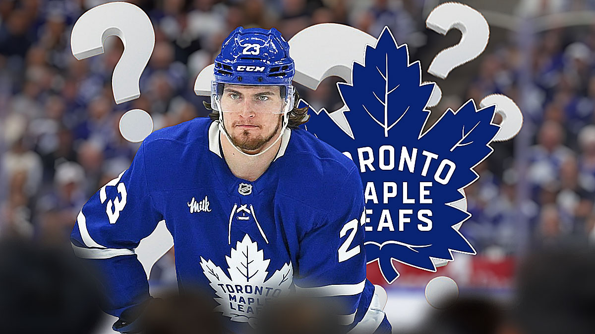 Matthew Knies with the Maple Leafs logo and question marks around him. NHL free agency, Free agent, Maple Leafs, Matthew Knies