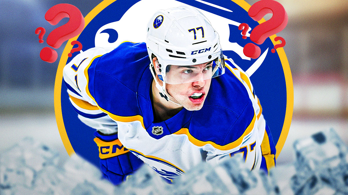 JJ Peterka with the Sabres logo and question marks aorund him, Buffalo Sabres, JJ Peterka, NHL Free Agency, Free agent