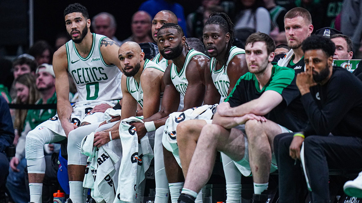The Boston Celtics bench in the final seconds of the game against the Sacramento Kings at TD Garden.