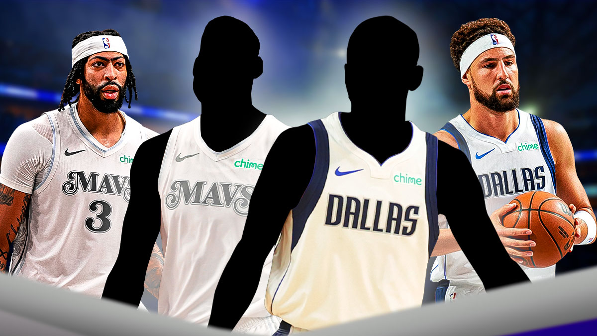 Two mystery players in Dallas Mavericks jerseys in the middle, Anthony Davis and Klay Thompson around them, Dallas Mavericks wallpaper in the background