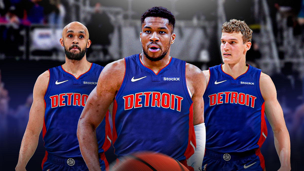 Lauri Markkanen, Derek White and Giannis Antetokounmpo all in Detroit Pistons jerseys.
