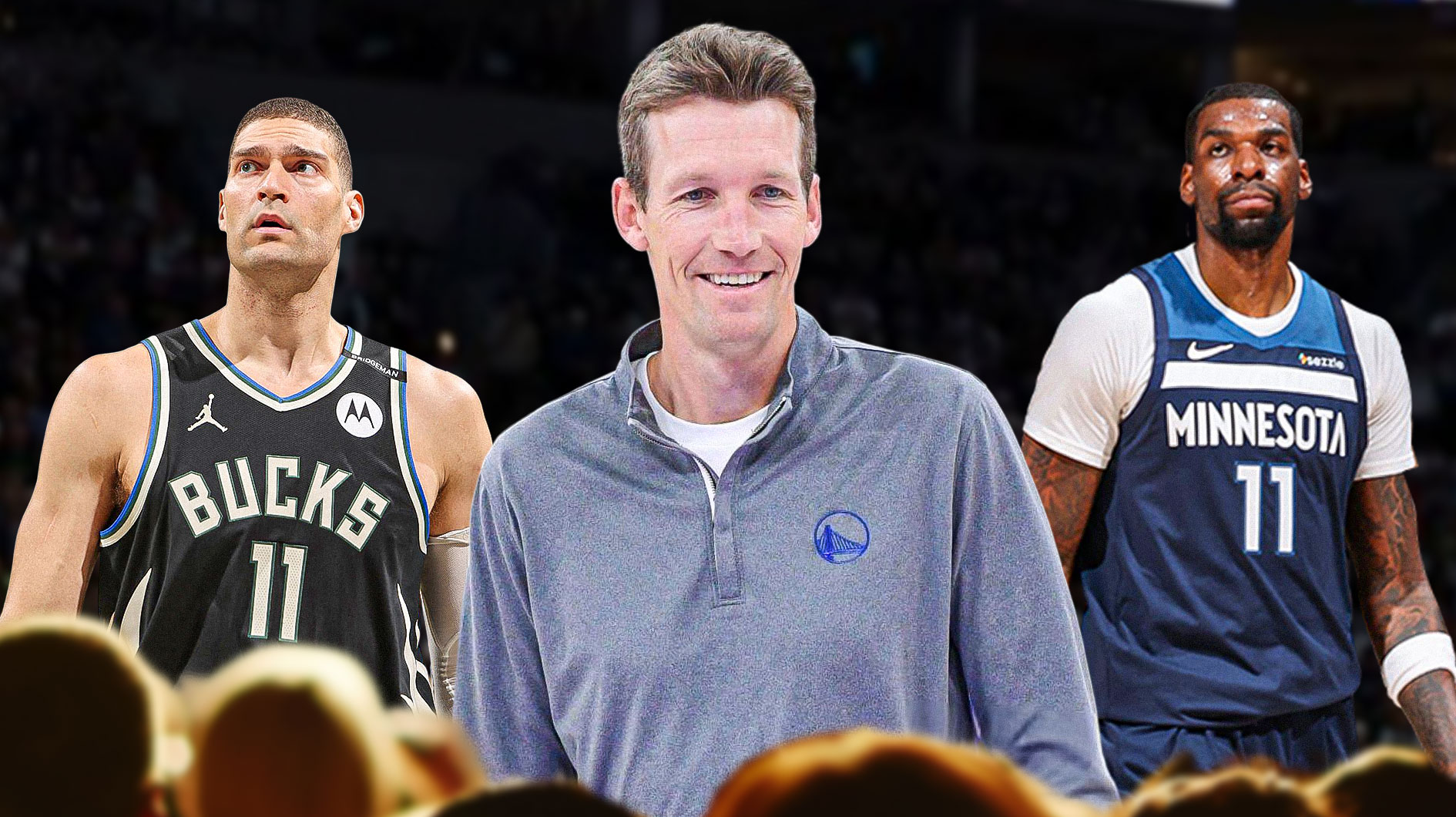 Warriors GM Mike Dunleavy (center) with Bucks Brook Lopez and Timberwolves Naz Reid behind him