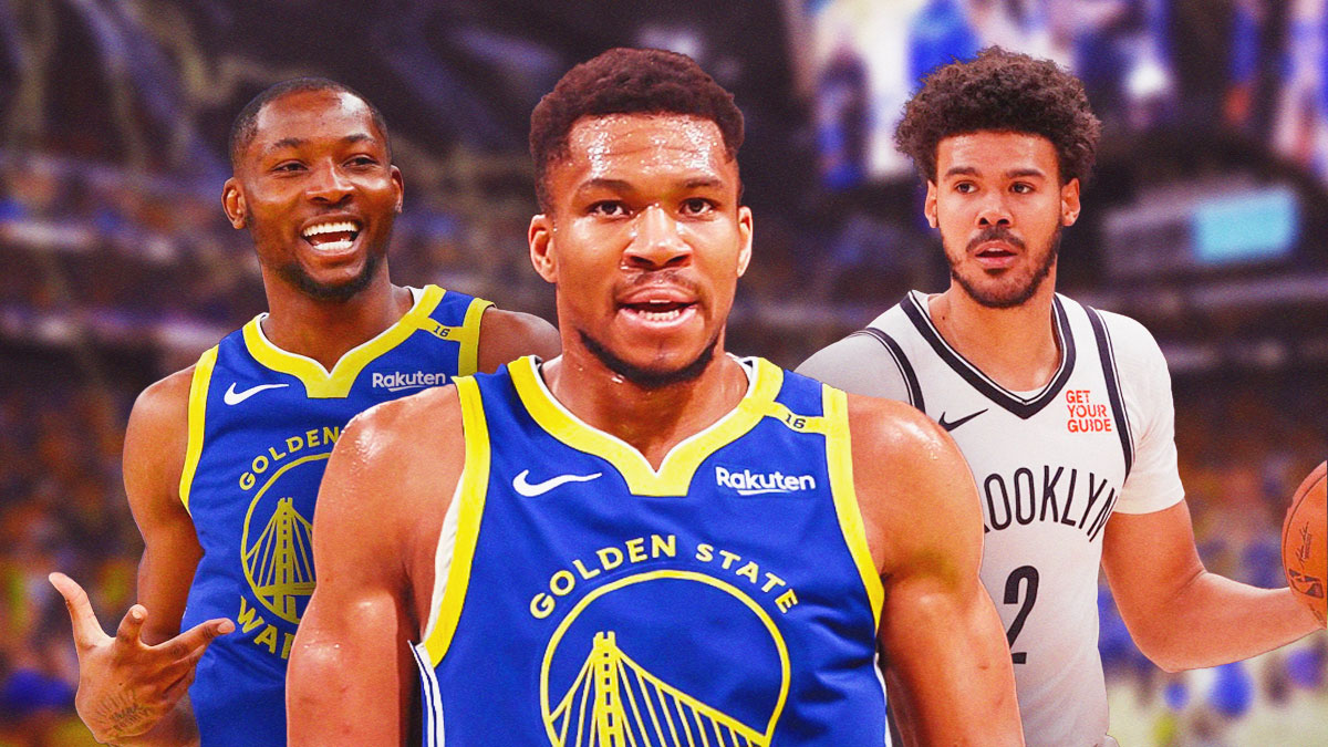 Giannis Antetokounmpo in Warriors jersey in the middle, with Jonathan Kuminga (in Warriors uniform) and Cam Johnson (Nets uniform )