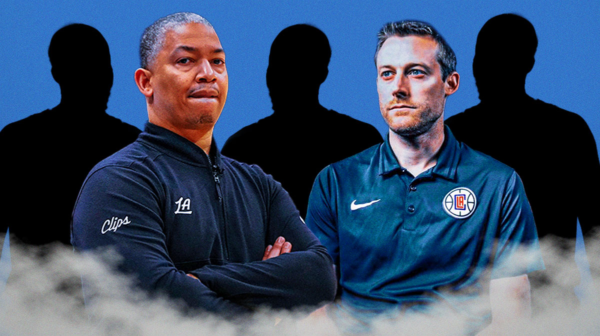 Tyronn Lue in Clippers coaching uniform, Trent Redden in Clippers attire, 3 silhouettes/shadows of basketball players