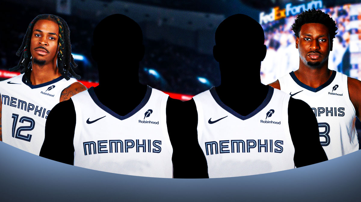 Two mystery players in Memphis Grizzlies jerseys in the middle, Ja Morant and Jaren Jackson Jr around them, Memphis Grizzlies wallpaper in the background