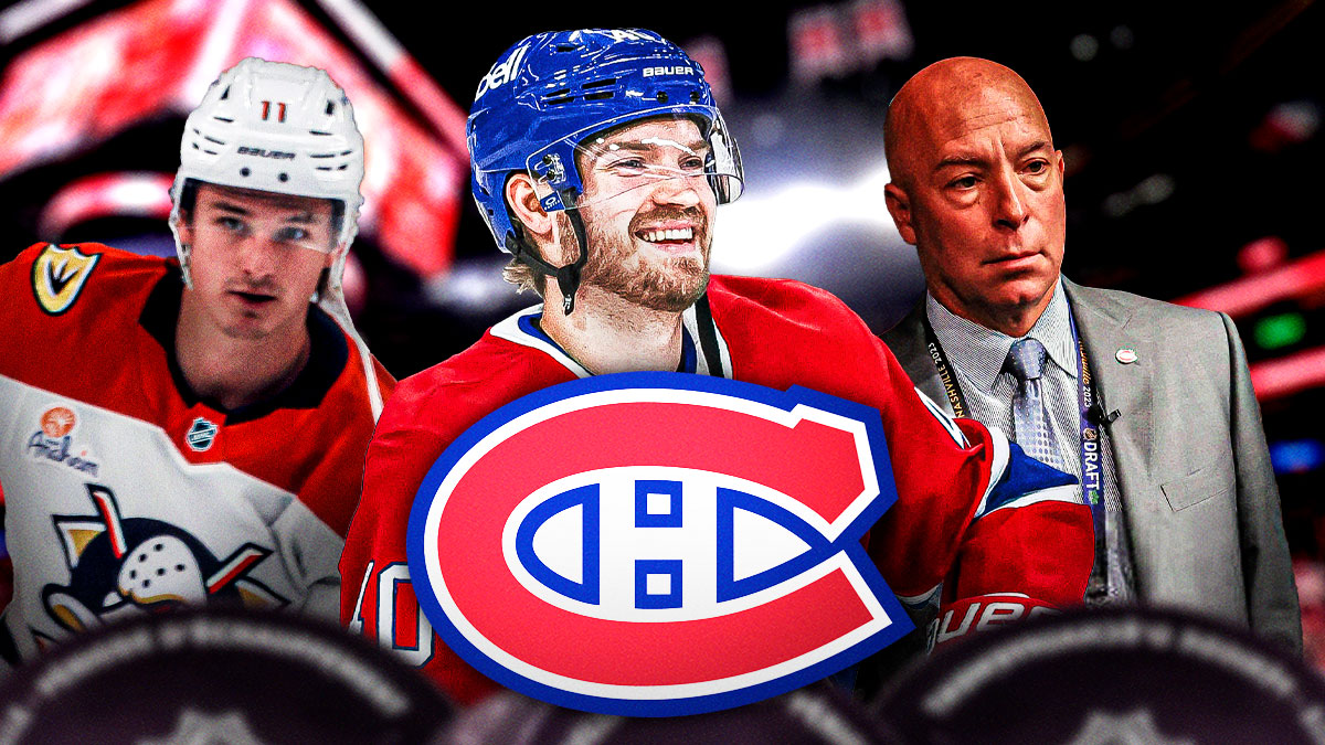 Joel Armia in the center, with Trevor Zegras and GM Kent Hughes on the sides. The Canadiens logo predominant in the center.