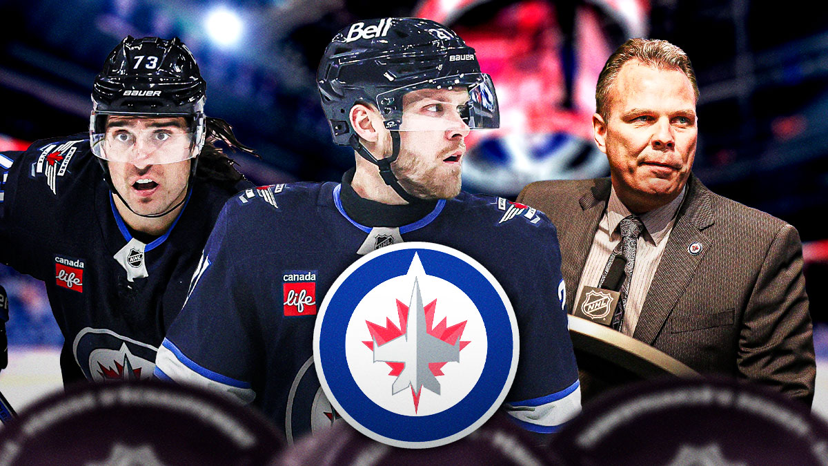 Nikolaj Ehlers in center, Brandon Tanev and GM Kevin Cheveldayoff on the sides. The Winnipeg Jets' logo is displayed prominently in the center.