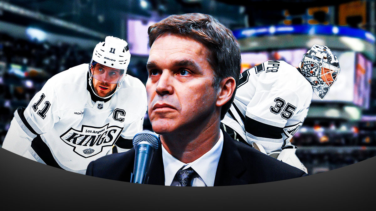 Kings president Luc Robitaille in the middle, captain Anze Kopitar on the left, goalie Darcy Kuemper on the right, inside Crypto.com Arena