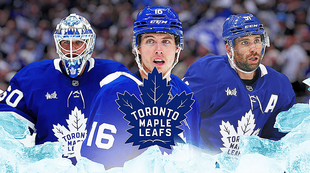 Mitch Marner in the center with Joseph Woll and John Tavares on the side of him. The Maple Leafs logo in the center and featured predominantly.