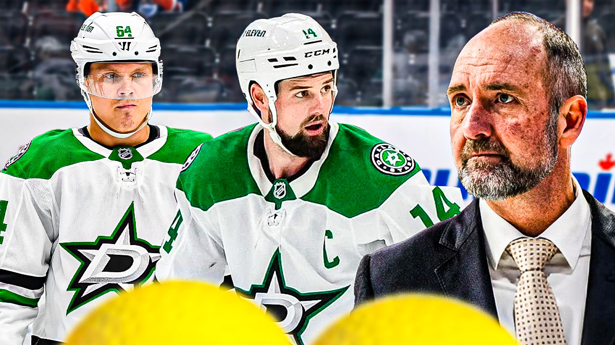 Jamie Benn in the center, Peter DeBoer and Mikael Granlund on the outsides. Stars logo prominently displayed. NHL Offseaon, Dallas Stars