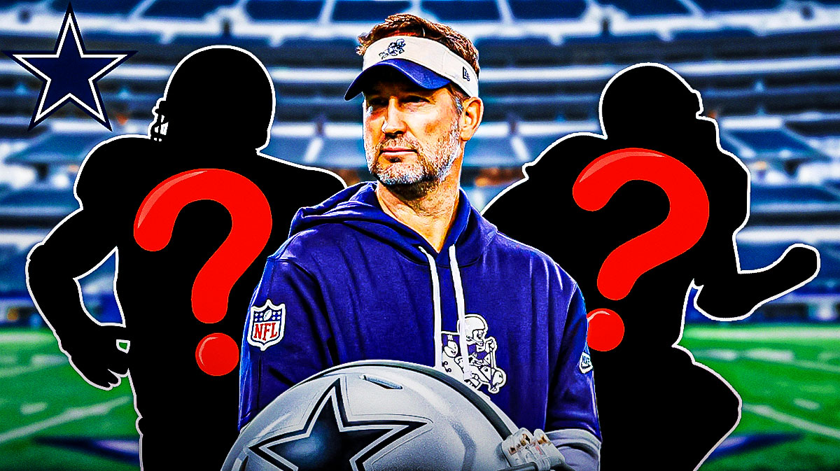 Dallas Cowboys head coach Brian Schottenheimer with two silhouettes of American football players with big question mark emojis inside. There is also a logo for the Dallas Cowboys.