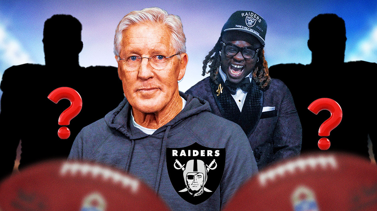 Las Vegas Raiders head coach Pete Carroll with RB Ashton Jeanty and a silhouette of an American football player with a big question mark emoji inside. There is also a logo for the Las Vegas Raiders.