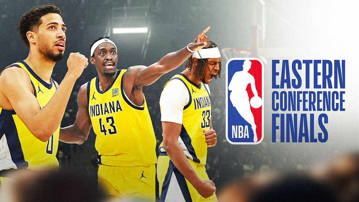 Pacers' Tyrese Haliburton, Pascal Siakam, and Myles Turner hyped up, Eastern Conference Finals logo beside them