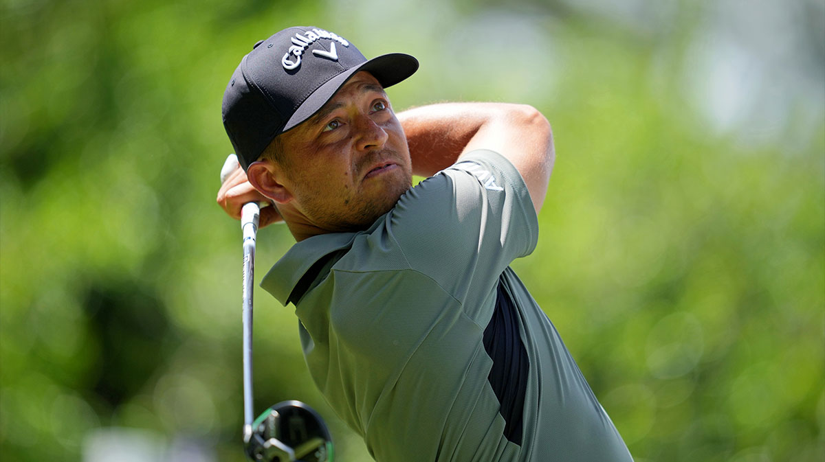 Xander Schauffele tees off on the 14th hole during the final round of the PGA Championship golf tournament at Quail Hollow.