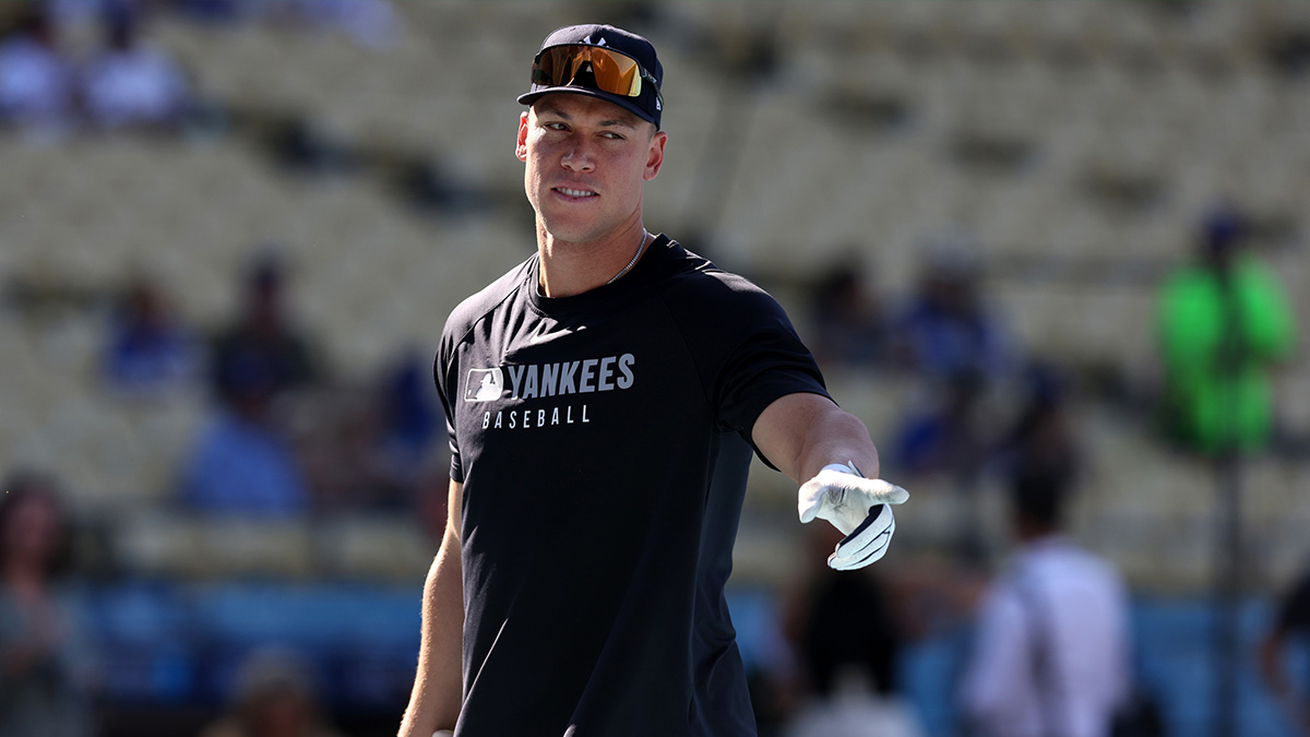 New York Yankees outfielder Aaron Judge (99) before a game against the Los Angeles Dodgers at Dodger Stadium.