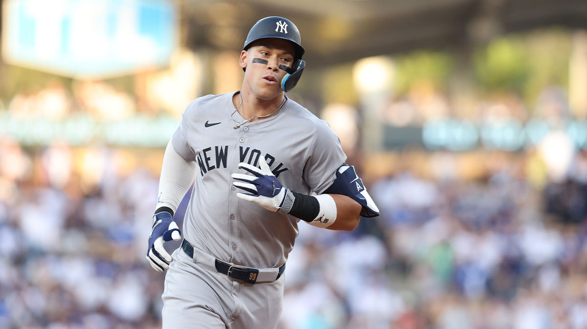 New York Yankees rightfielder Aaron Judge (99) rounds the bases after a home run during the first inning against the Los Angeles Dodgers at Dodger Stadium.