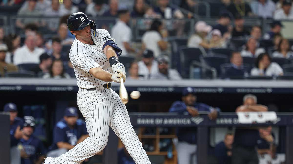 New York Yankees first baseman Paul Goldschmidt (48) singles during the fourth inning against the Tampa Bay Rays at Yankee Stadium.