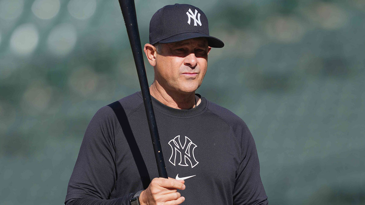 Apr 28, 2025; Baltimore, Maryland, USA; New York Yankees manager Aaron Boone (17) during batting practice prior to the game against the Baltimore Orioles at Oriole Park at Camden Yards. Mandatory Credit: Mitch Stringer-Imagn Images
