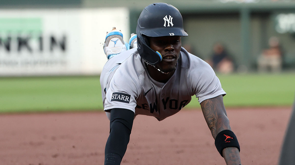 New York Yankees second baseman Jazz Chisholm Jr. (13) advances to third base during the first inning against the Baltimore Orioles at Oriole Park at Camden Yards.