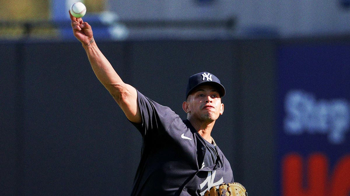 New York Yankees relief pitcher Jonathan Loaisiga (43) participates in spring training workouts at George M. Steinbrenner Field.