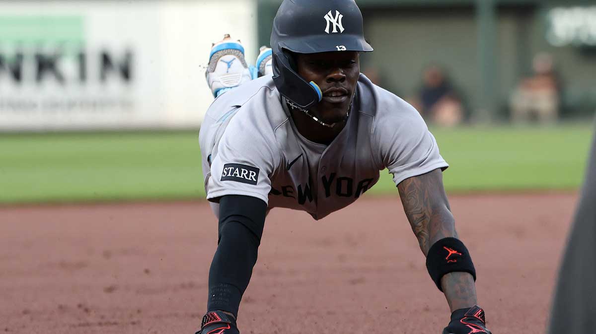 New York Yankees second baseman Jazz Chisholm Jr. (13) advances to third base during the first inning against the Baltimore Orioles at Oriole Park at Camden Yards.
