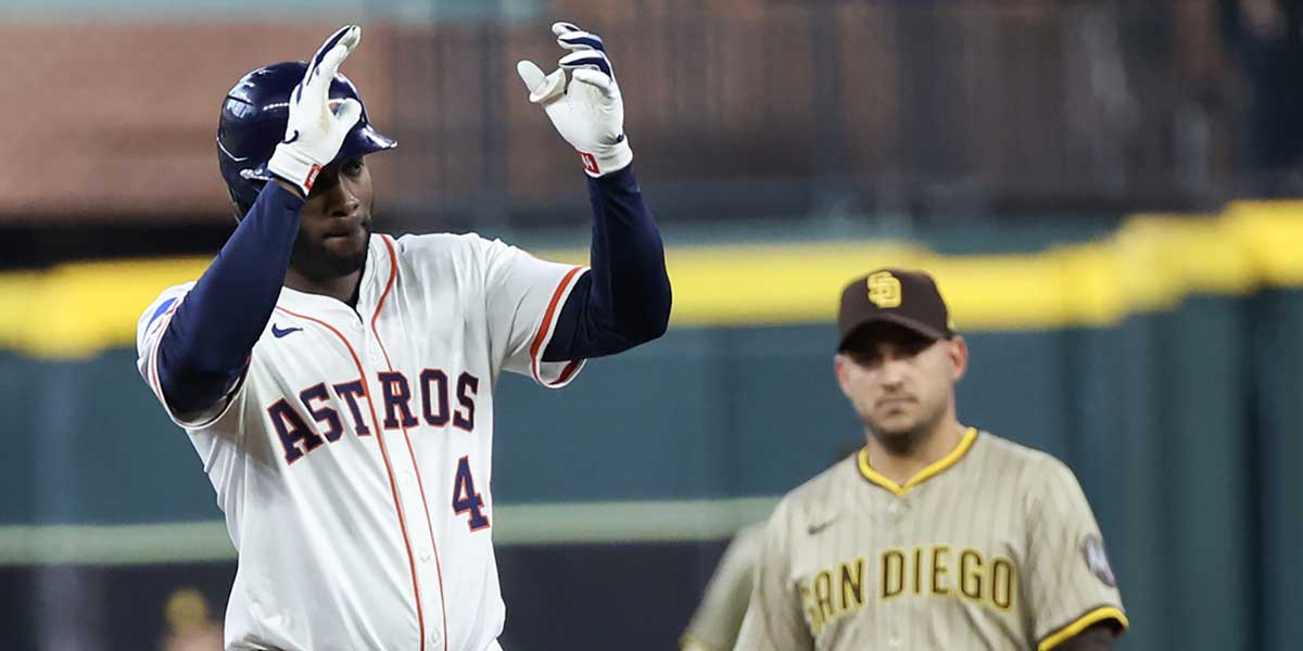 Houston Astros left fielder Yordan Alvarez (44) reacts after hitting a stand up double against the San Diego Padres in the first inning.