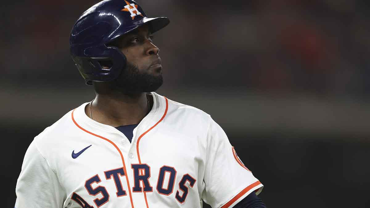 Houston Astros designated hitter Yordan Alvarez (44) looks up after a play during the sixth inning.