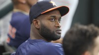 May 25, 2025; Houston, Texas, USA; Houston Astros designated hitter Yordan Alvarez looks on from the dugout during the game against the Seattle Mariners at Daikin Park.