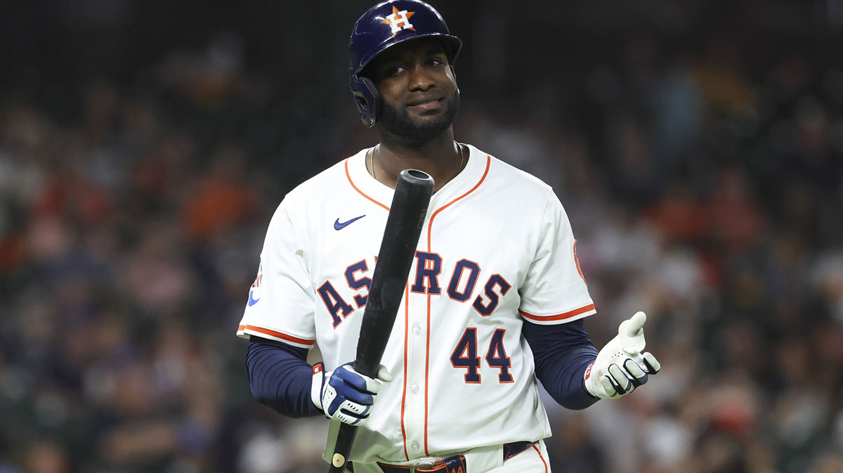 Houston Astros designated hitter Yordan Alvarez (44) reacts after flying out during the sixth inning against the Detroit Tigers at Daikin Park.