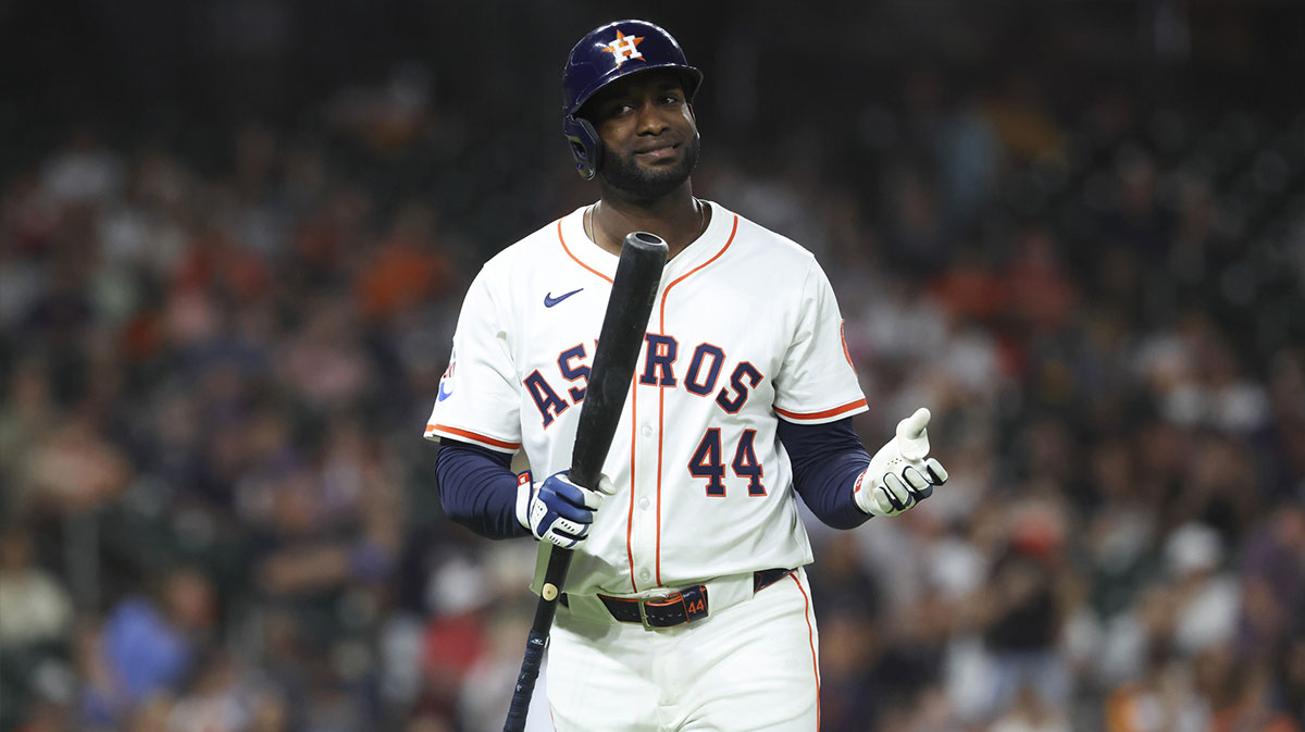 Houston Astros designated hitter Yordan Alvarez (44) reacts after flying out during the sixth inning against the Detroit Tigers at Daikin Park.