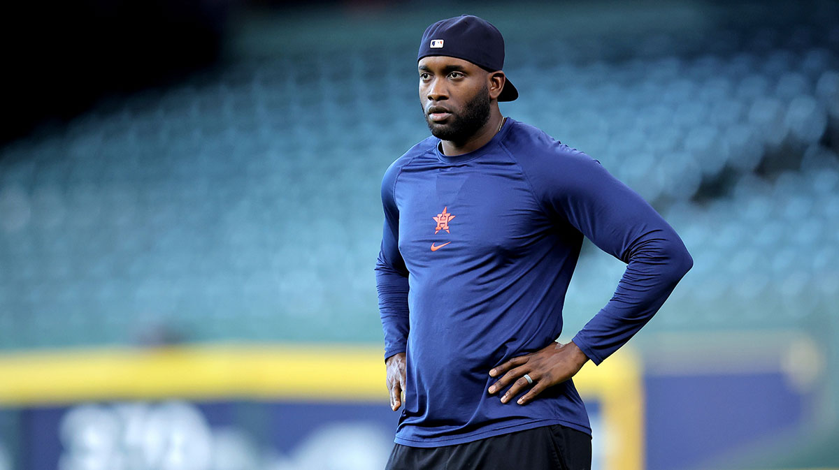 May 9, 2025; Houston, Texas, USA; Houston Astros designated hitter Yordan Alvarez (44) prior to the game against the Cincinnati Reds at Daikin Park. Mandatory Credit: Erik Williams-Imagn Images