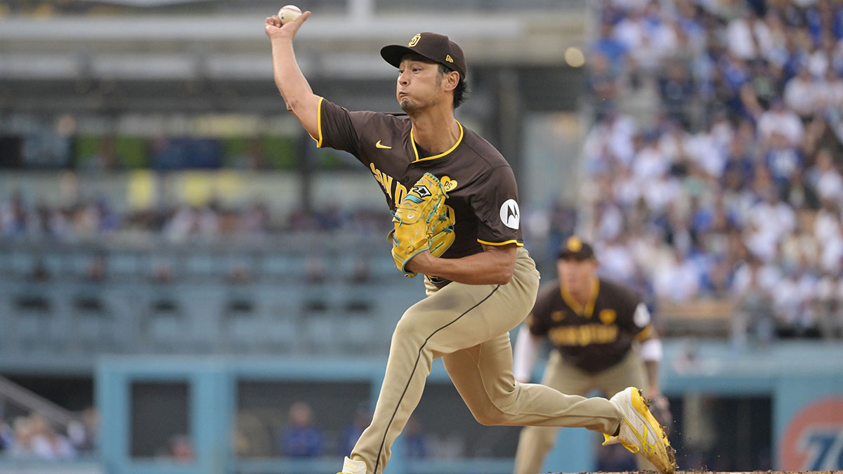 San Diego Padres pitcher Yu Darvish (11) pitches in the second inning against the Los Angeles Dodgers during game five of the NLDS for the 2024 MLB Playoffs.