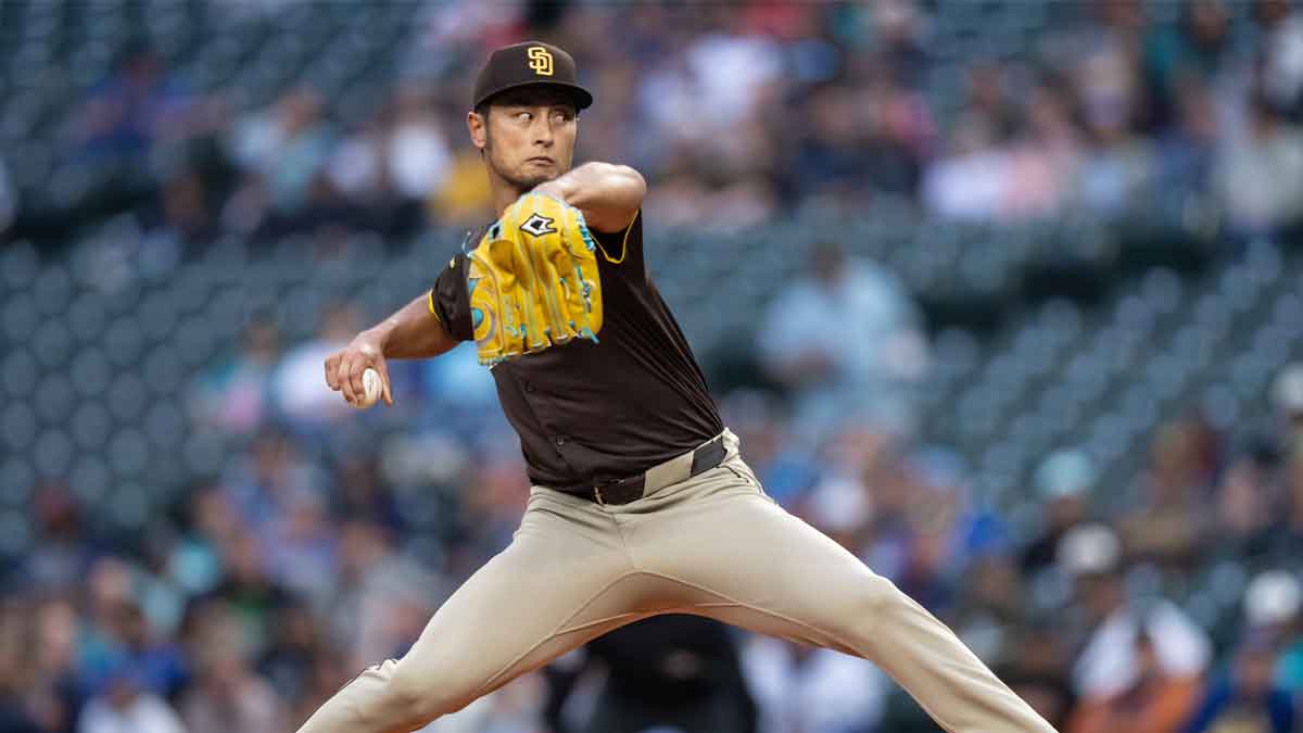 Sep 10, 2024; Seattle, Washington, USA; San Diego Padres starter Yu Darvish (11) delivers a pitch during the second inning against the Seattle Mariners at T-Mobile Park.