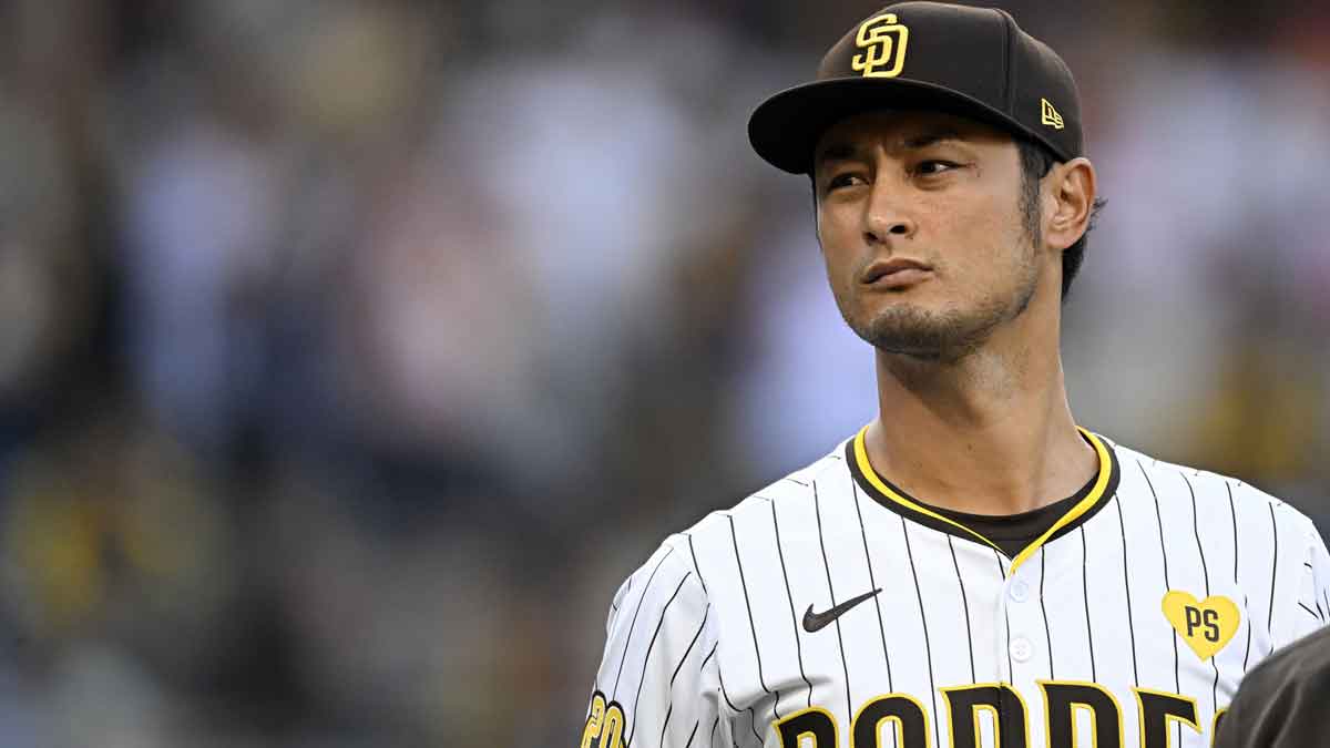 Oct 1, 2024; San Diego, California, USA; San Diego Padres pitcher Yu Darvish (11) before game one of the Wildcard round for the 2024 MLB Playoffs against the Atlanta Braves at Petco Park. Mandatory Credit: Denis Poroy-Imagn Images