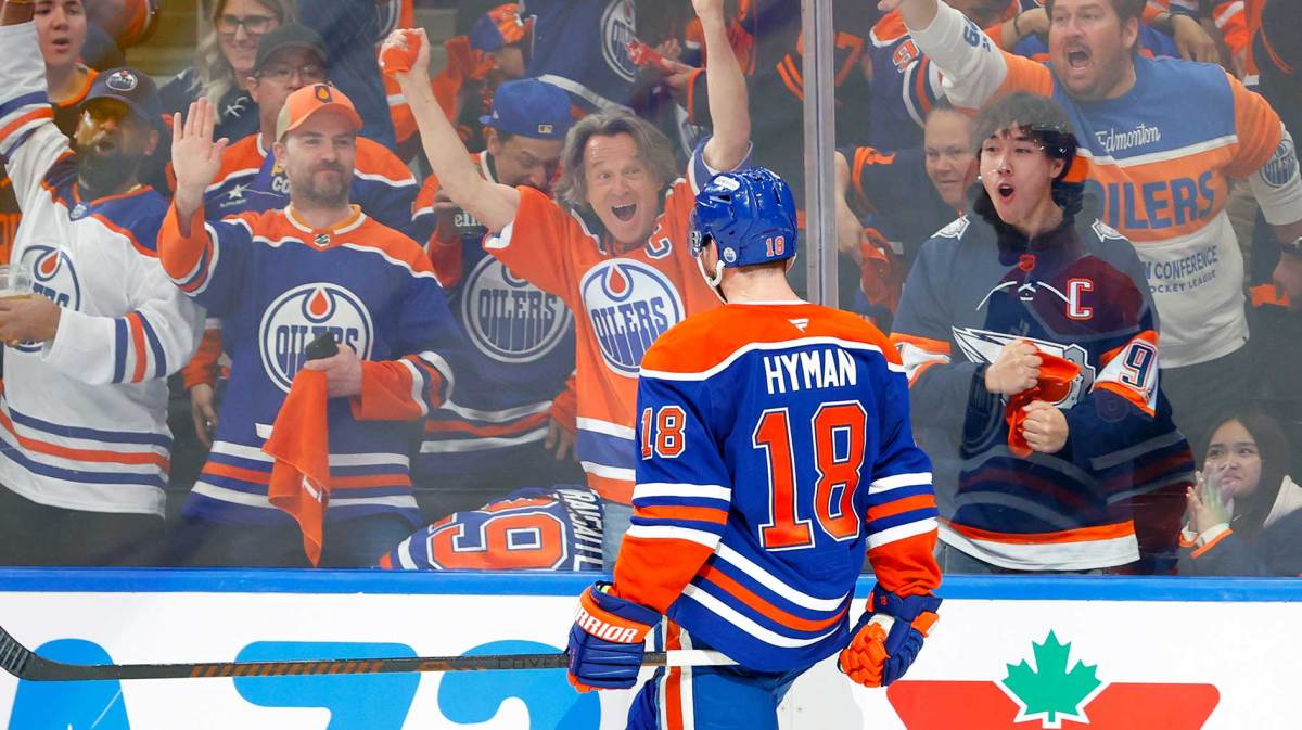 Edmonton Oilers left wing Zach Hyman (18) celebrates after he scores a goal against the Dallas Stars during the third period in game three of the Western Conference Final of the 2025 Stanley Cup Playoffs at Rogers Place.