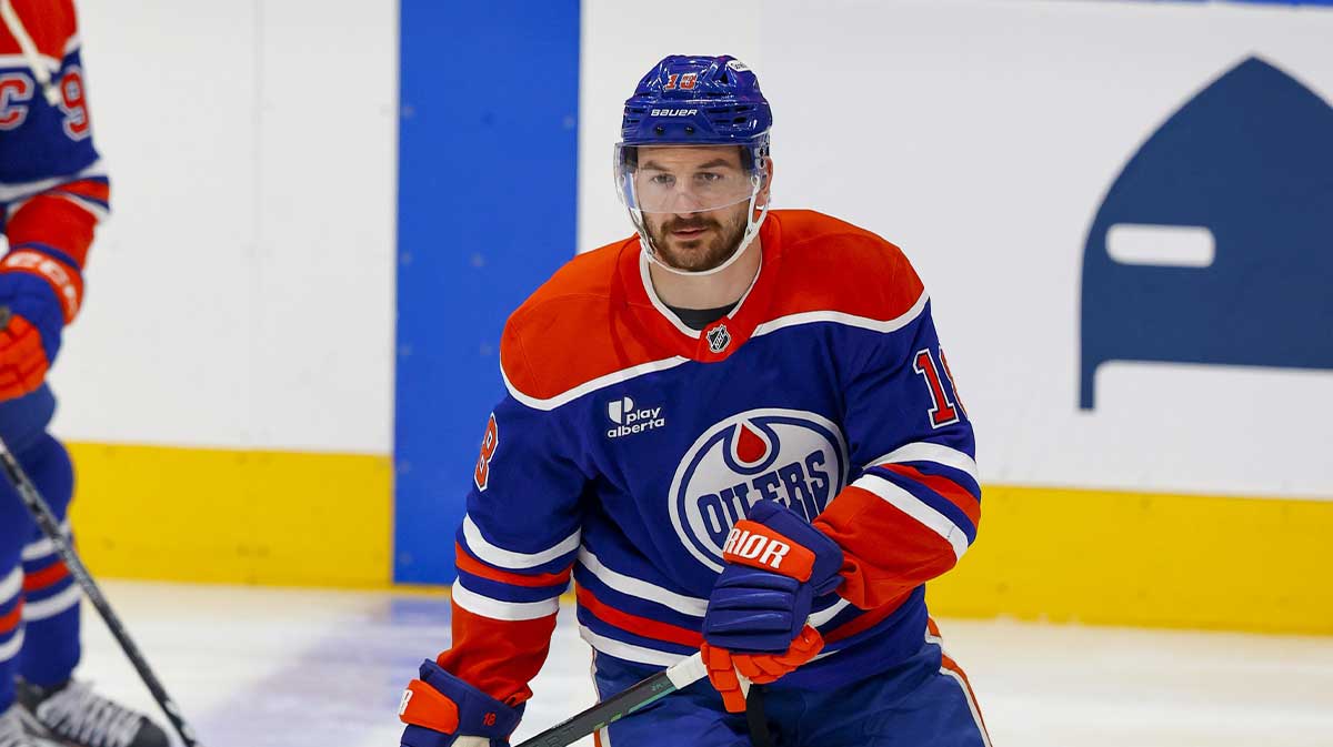Edmonton Oilers left wing Zach Hyman (18) skates in warmup prior to the game against the Dallas Stars in game four of the Western Conference Final of the 2025 Stanley Cup Playoffs at Rogers Place. Hyman leaves game in first period and will not return.
