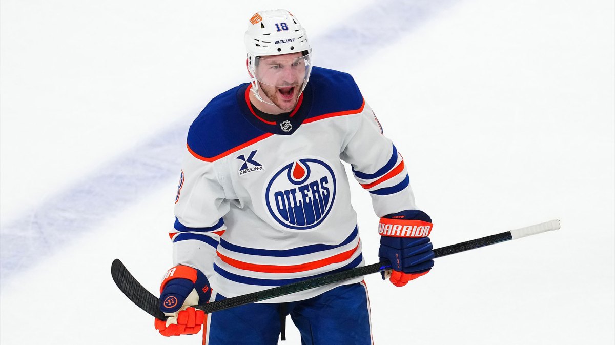 Edmonton Oilers left wing Zach Hyman (18) celebrates after scoring a goal against the Vegas Golden Knights during the third period of game one of the second round of the 2025 Stanley Cup Playoffs at T-Mobile Arena.