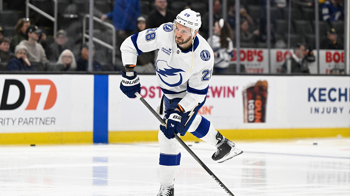 Tampa Bay Lightning center Zemgus Girgensons (28) warms up before a game against the Boston Bruins at TD Garden.