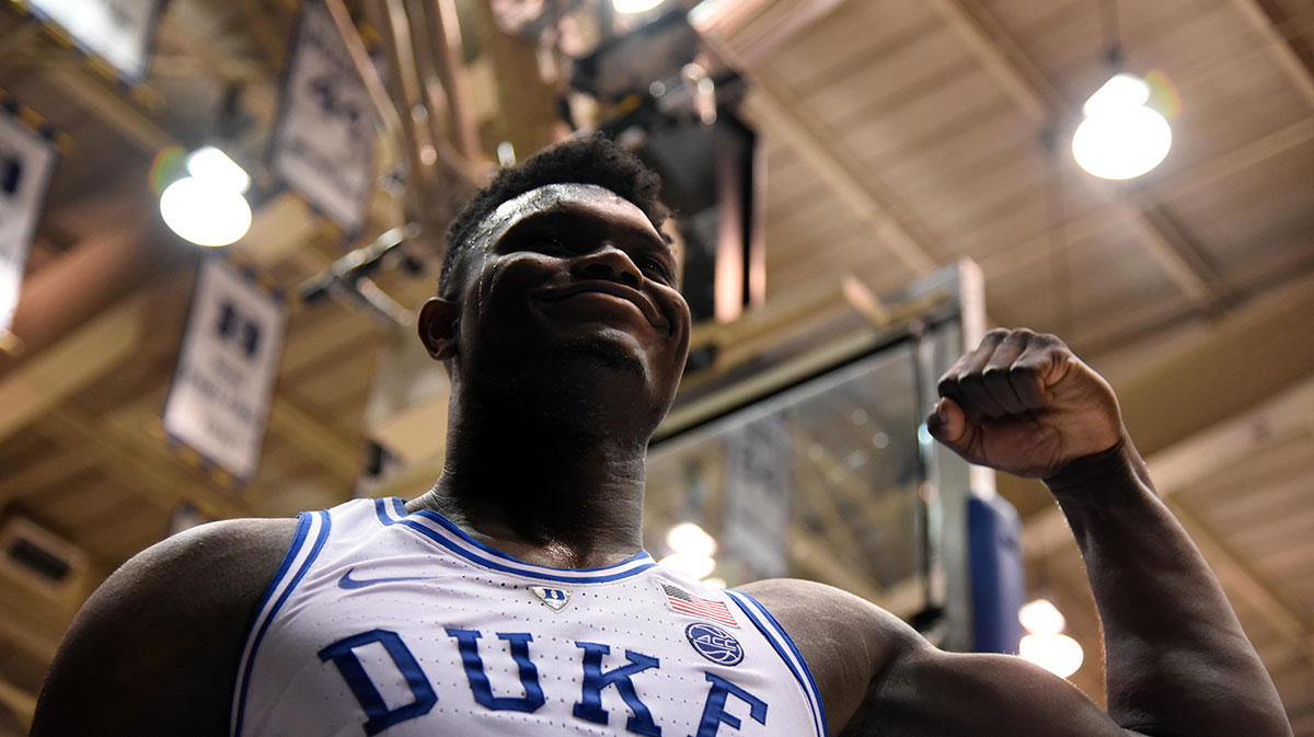 Duke Blue Devils forward Zion Williamson (1) reacts after scoring during the second half against the North Carolina State Wolfpack at Cameron Indoor Stadium. The Blue Devils won 94-78. NBA Draftt prospect