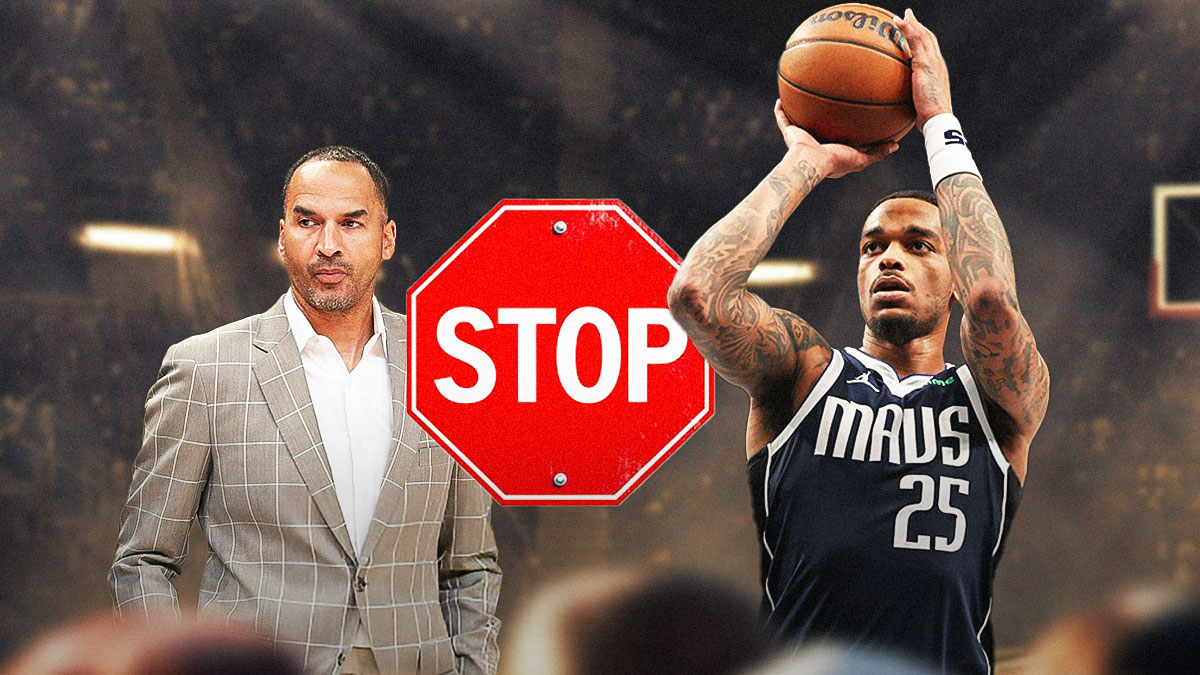Mavericks Nico Harrison on left. Mavericks PJ Washington shooting a basketball on right. Place a stop sign in the middle.