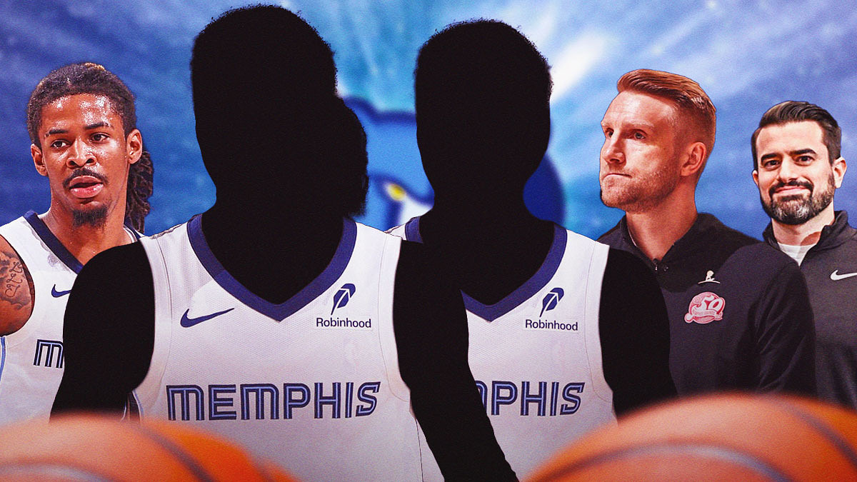 Two mystery players in Memphis Grizzlies jerseys in the middle, Ja Morant, head coach Tuomas Iisalo, and GM Zach Kleiman around them, Memphis Grizzlies wallpaper in the background